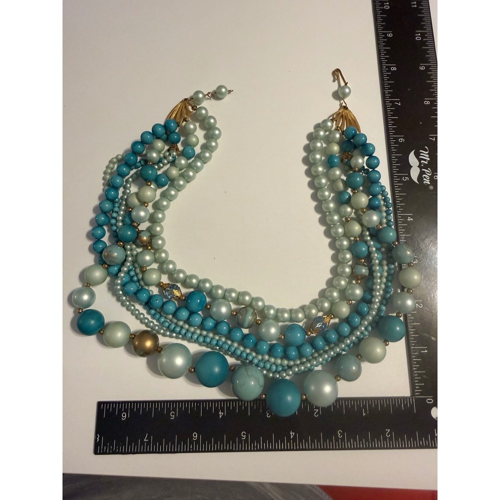 Vintage Multi Strand Blue Teal Faux Pearl Bib Necklace Gold Tone J Hook Clasp